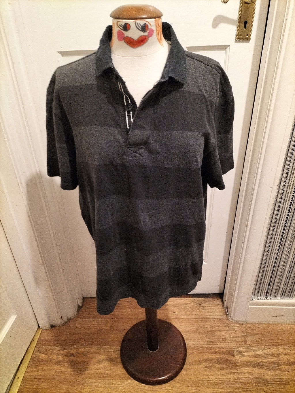 Mens TU Size Large Navy And Black Striped Short Sleeved Polo
