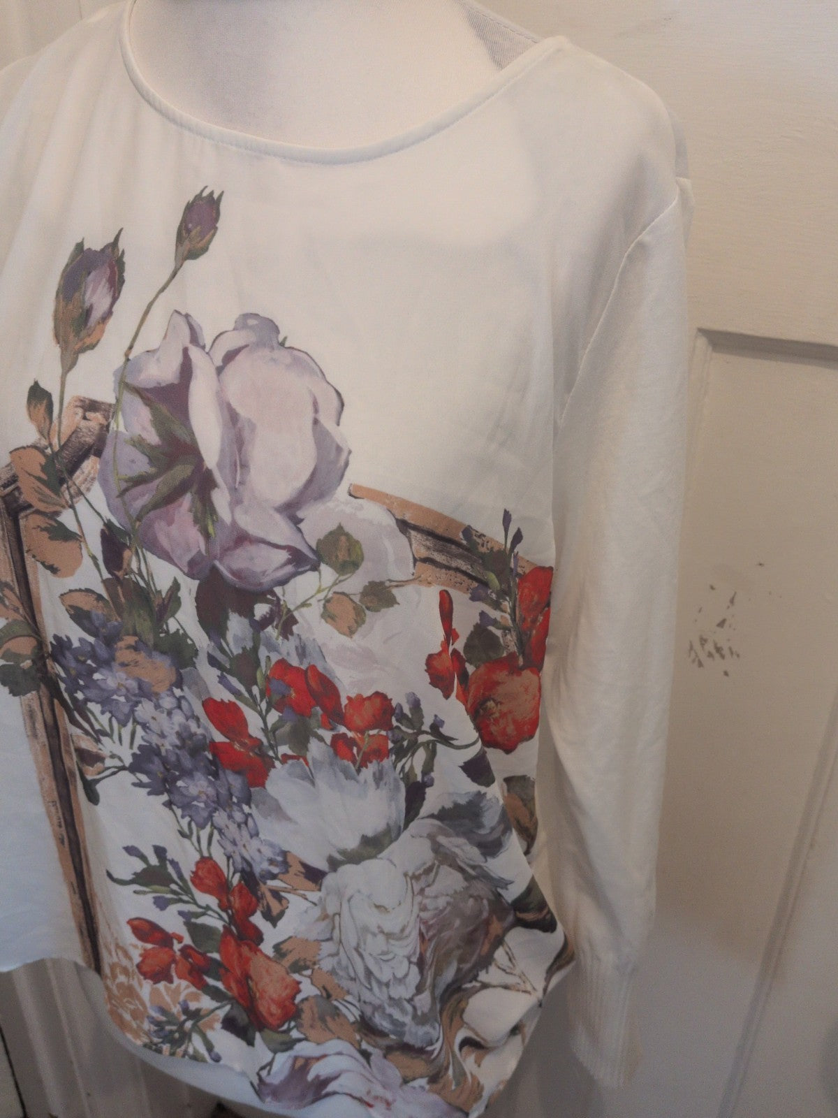M&S Collection 14-16 White Floral Long Sleeve Blouse