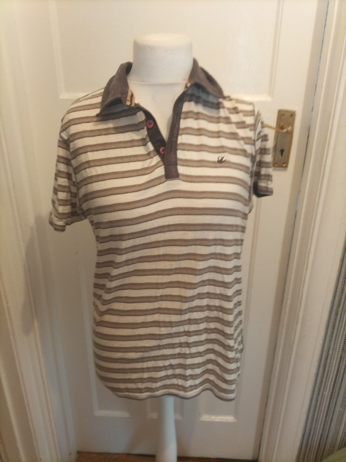 Mens Debenhams Size Small Beige And Cream Striped Polo
