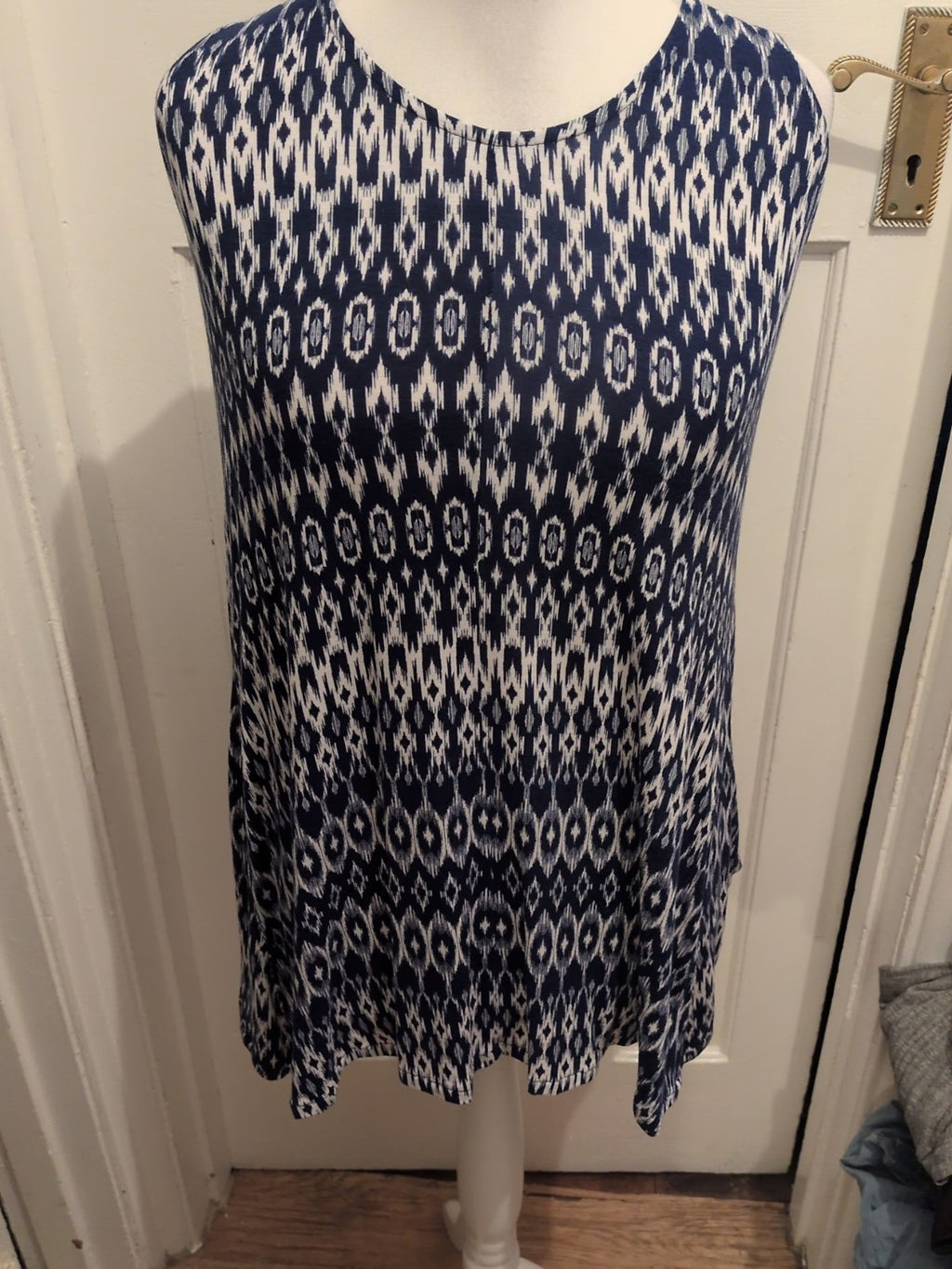 Medium Blue And White Patterned Sleeveless Blouse