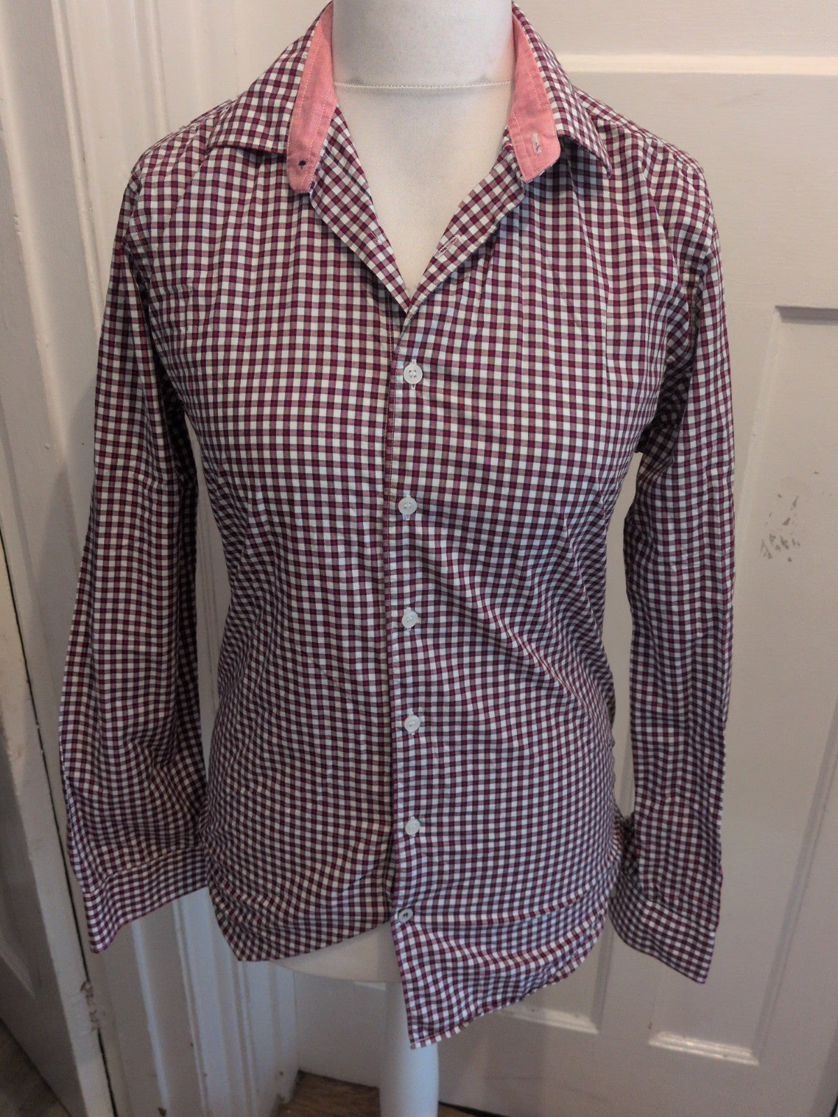 Mango Small Slim Fit Red Check Long Sleeve Shirt