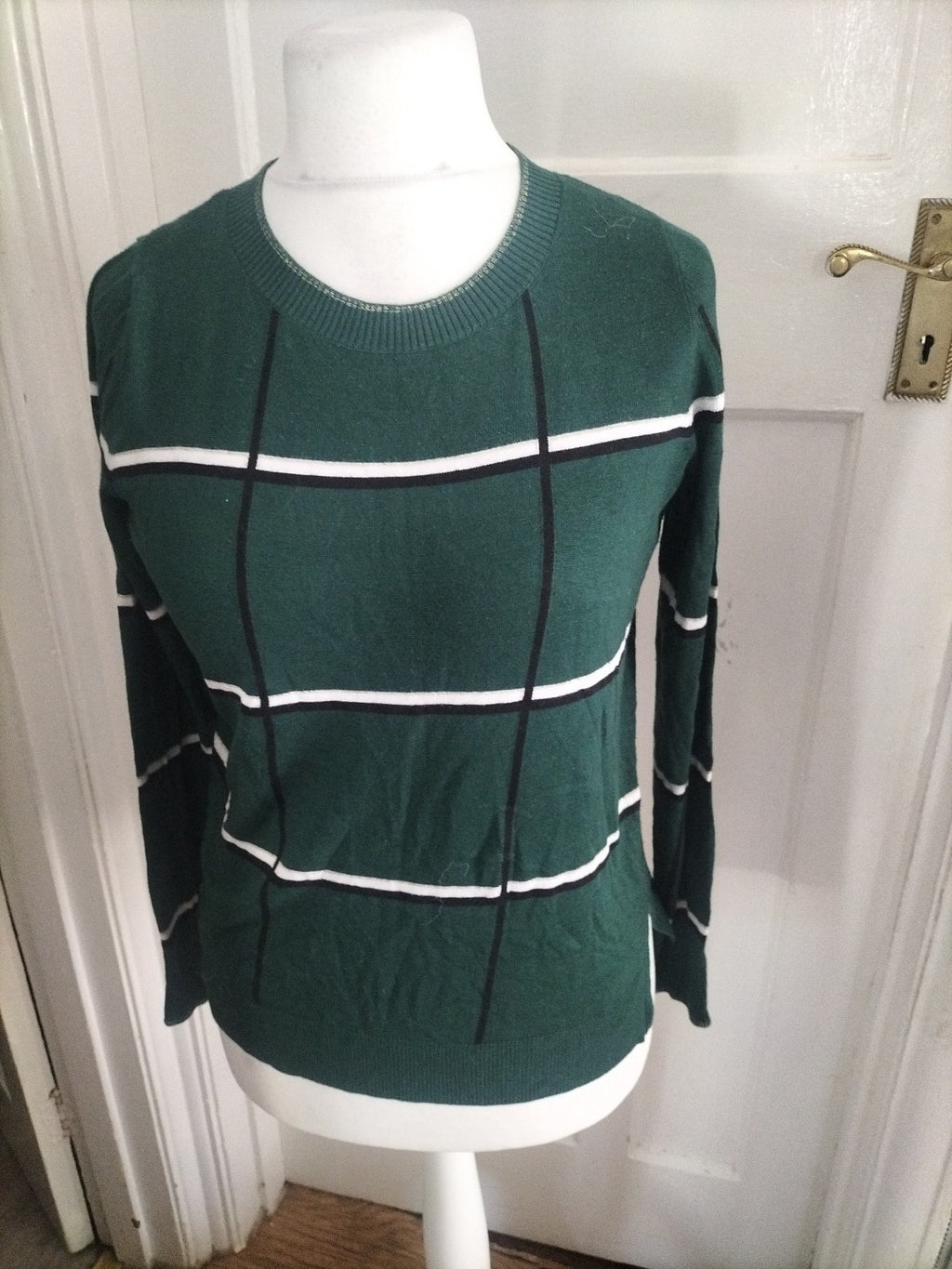Ladies Next Size 10 Green/Black/White Long Sleeve Jumper
