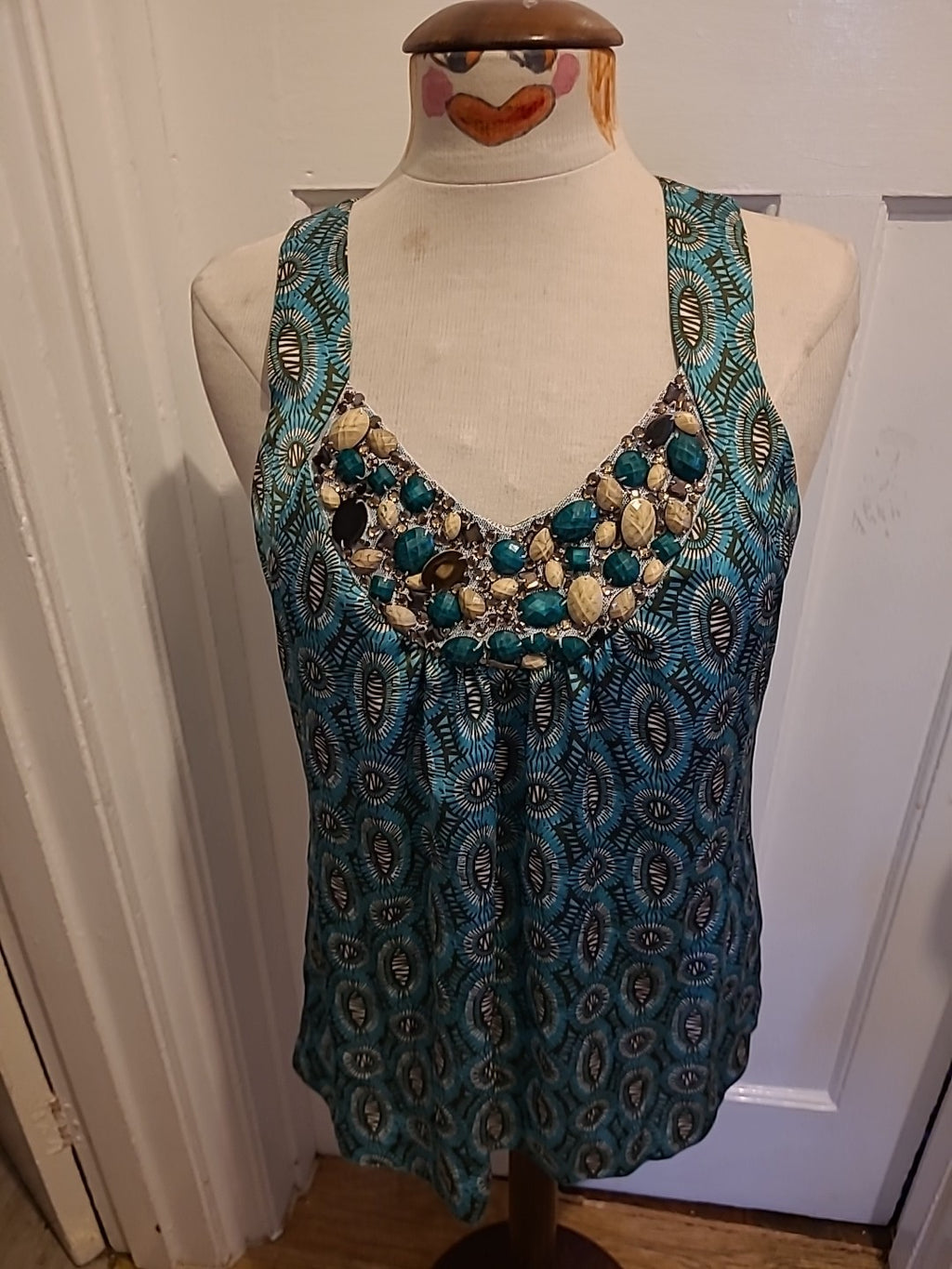 Ladies Wallis Size Small Turquoise Diamonte Sleeveless Blouse