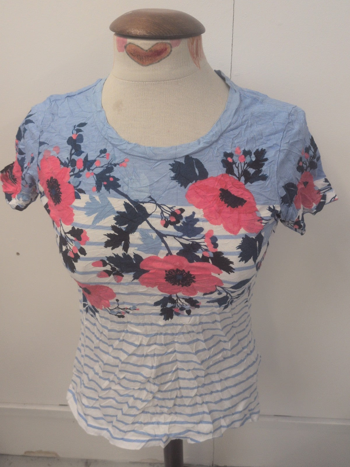 Ladies Joules Size 10 Blue Stripe Floral Short Sleeve T-shirt
