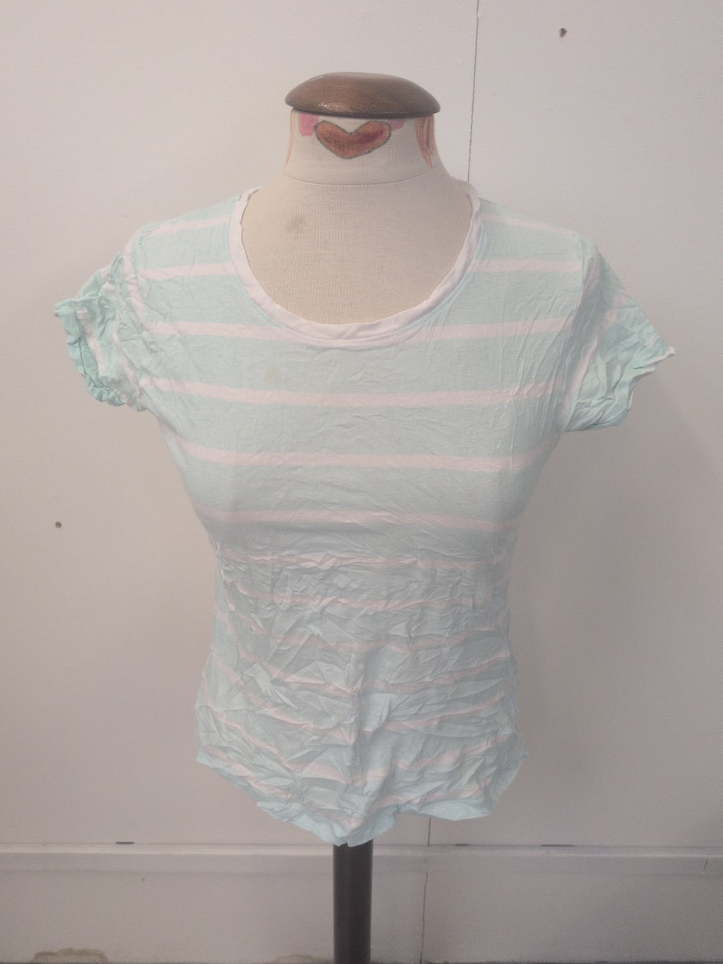 Ladies Primark Size 10 Pale Blue Striped Short Sleeve Turn Back T-shirt