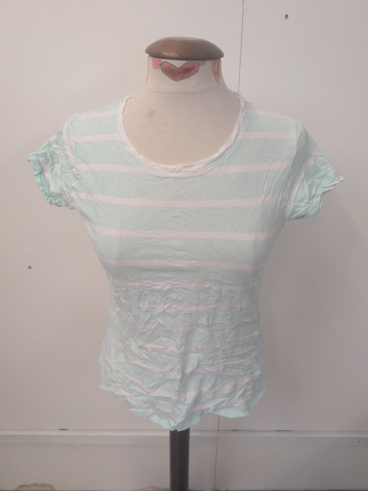 Ladies Primark Size 10 Pale Blue Striped Short Sleeve Turn Back T-shirt