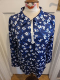 Ladies Large Deep Blue White Flowers Long Sleeved Pullover Top