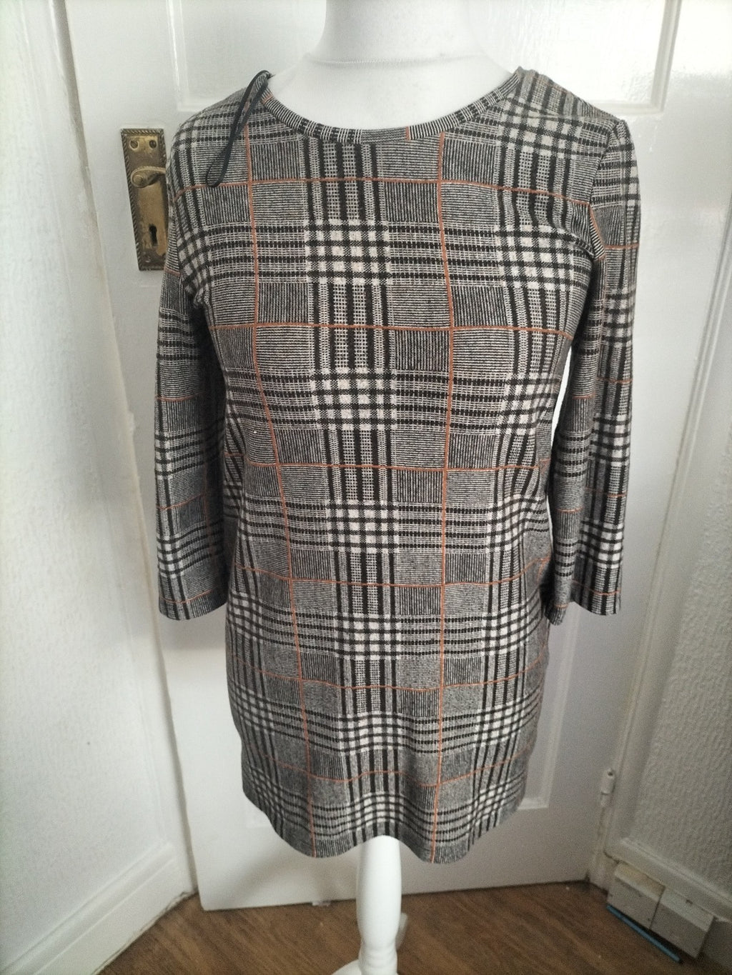 Ladies Tu Size 12 Orange Grey Beige Check 3/4 Sleeved Blouse