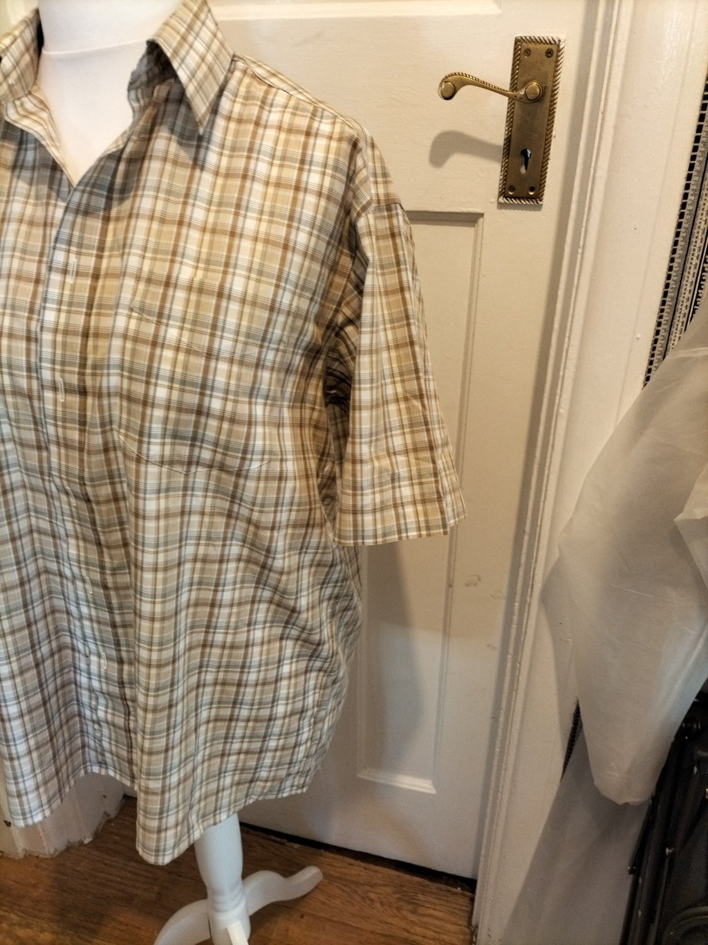 Mens St Michael Size 16" Collar Brown And Grey Short Sleeved Shirt