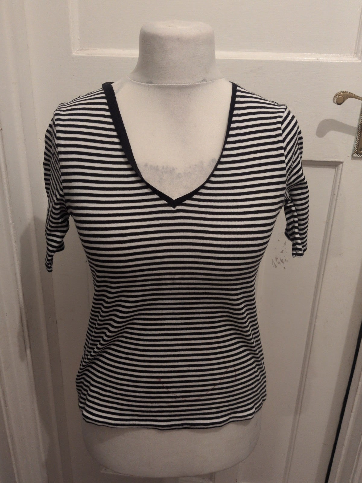 Ladies Marks And Spencer Size 12 Striped Short Sleeve T-shirt Black And White