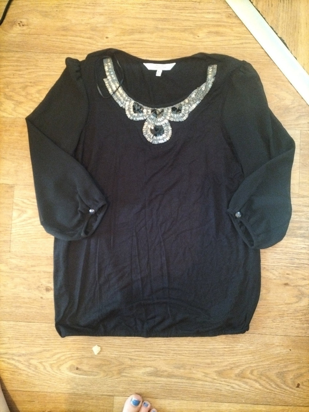 Ladies Debenhams Petite Size 10 Black And Silver With Sheer Sleeves Blouse