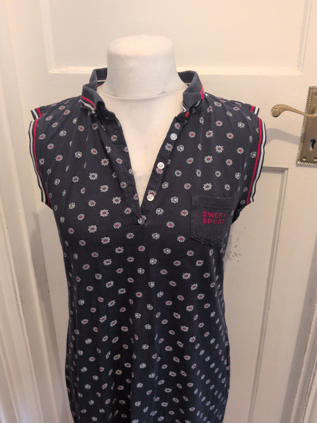 Sweet Delicate 2XL Navy Patterned Sleeveless Collared Polo Ladies