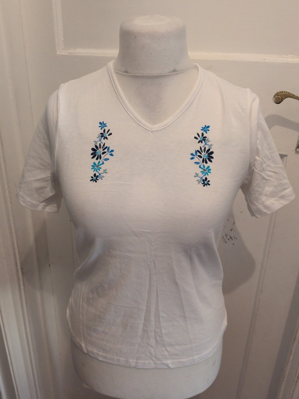 Anne De Lancay Small White With Blue Short Sleeve Blouse T-shirt
