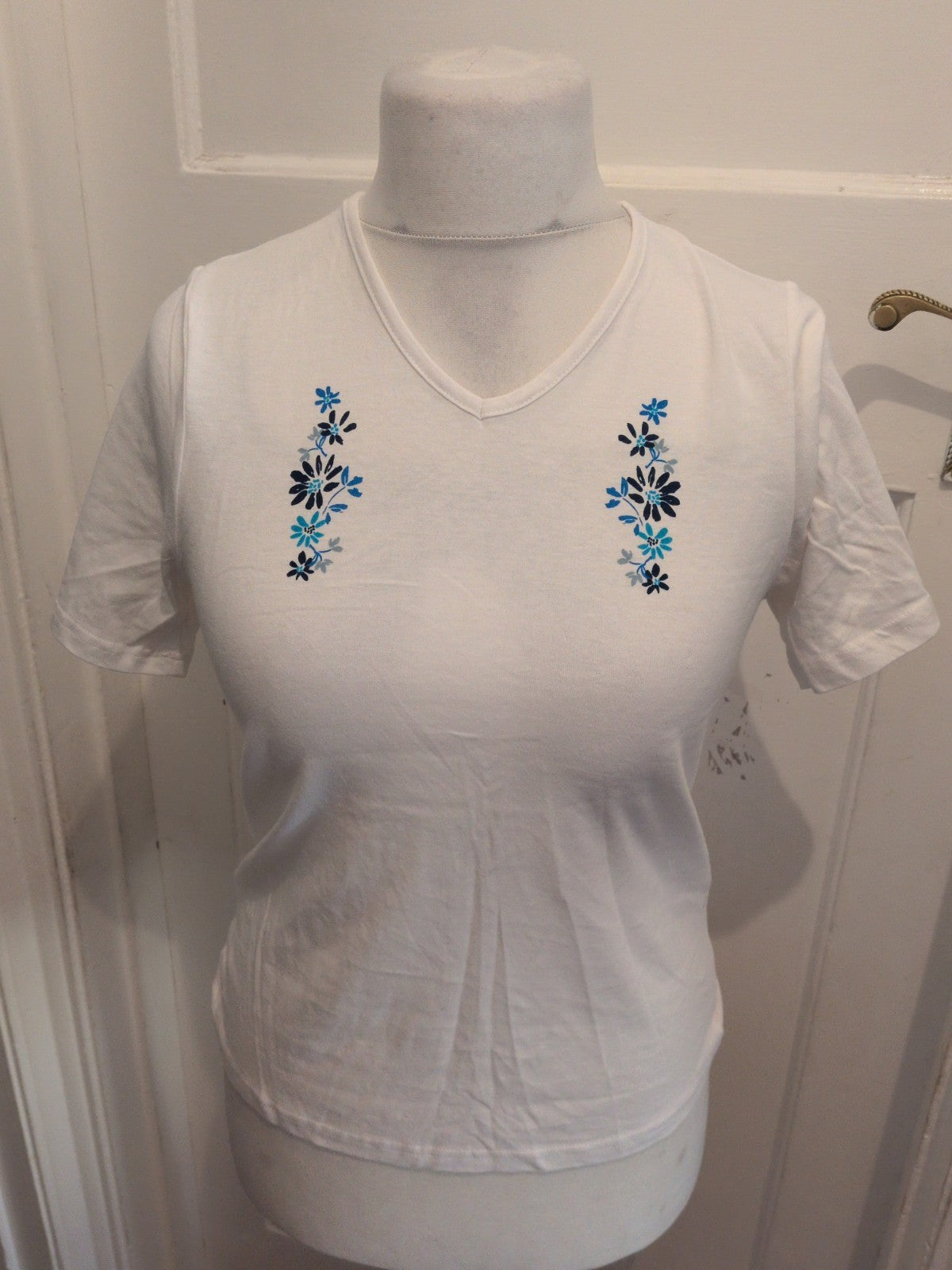 Anne De Lancay Small White With Blue Short Sleeve Blouse T-shirt