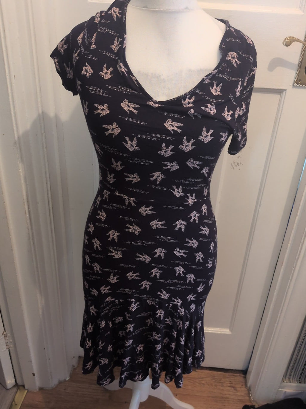 Next 12 Navy With Pink Birds Short Sleeve Dress