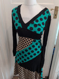 Izabel London 8 Green Black And Brown Spotty Long Sleeve V Neck Dress