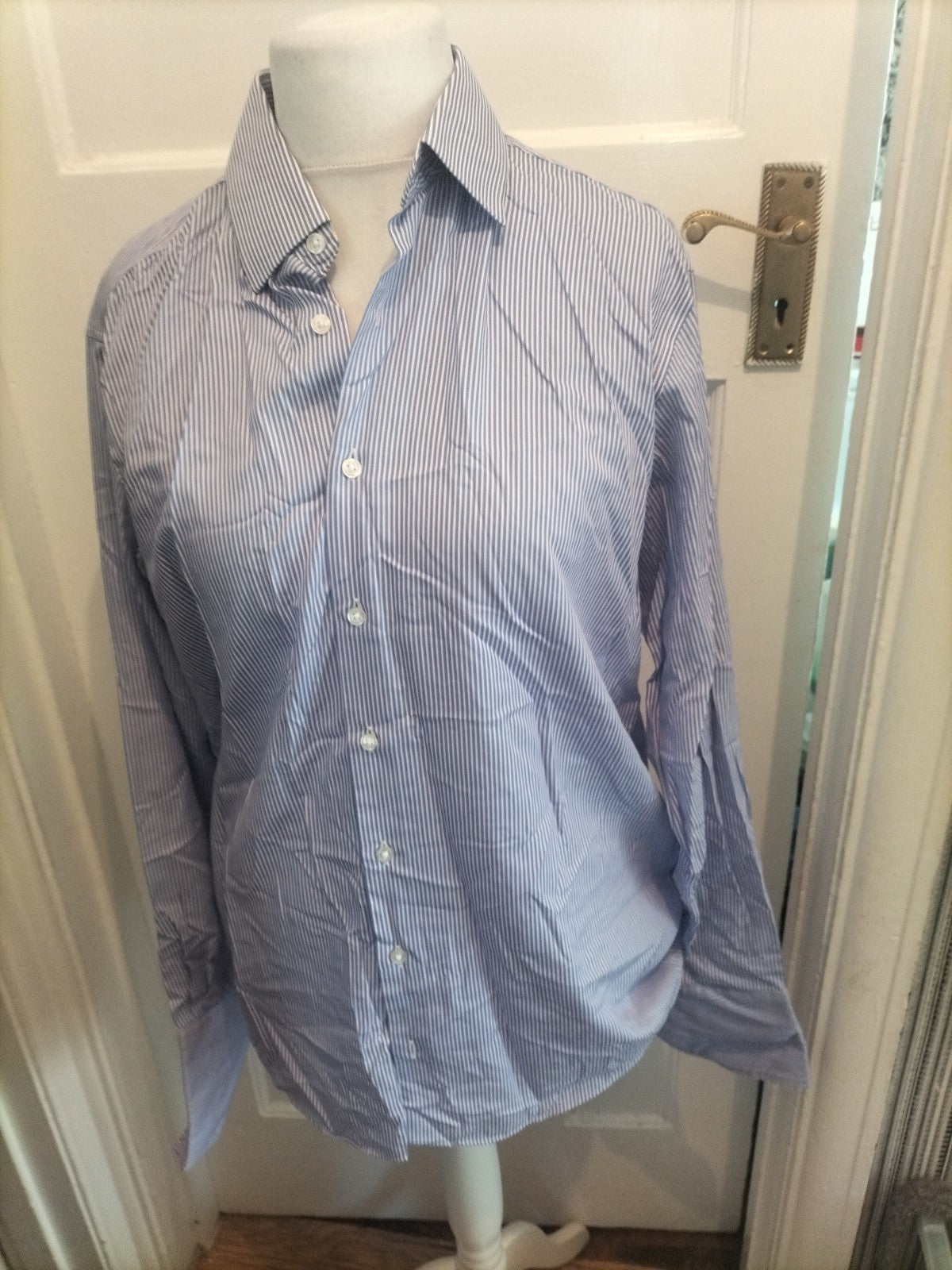 Mens M&S Man Size 16" Purple And White Striped Ultimate Non Iron Shirt