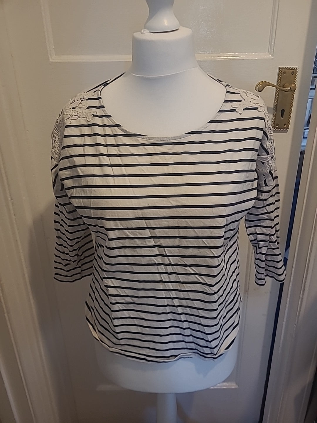 Ladies Marks And Spencer Size 14 Navy And White Striped With Detail On Shoulder