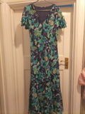 Ladies Size 10-12 Navy/Green Lined Floral Short Sleeved Long Dress