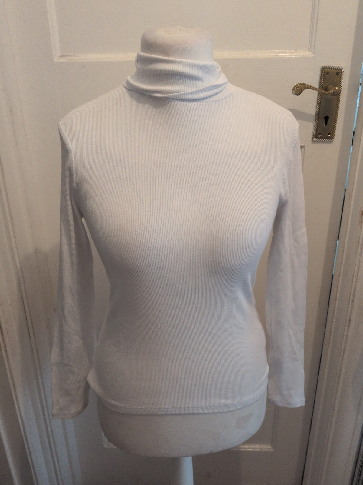 Ladies Marks And Spencer Size 8 White Rib Long Sleeve High Neck Top