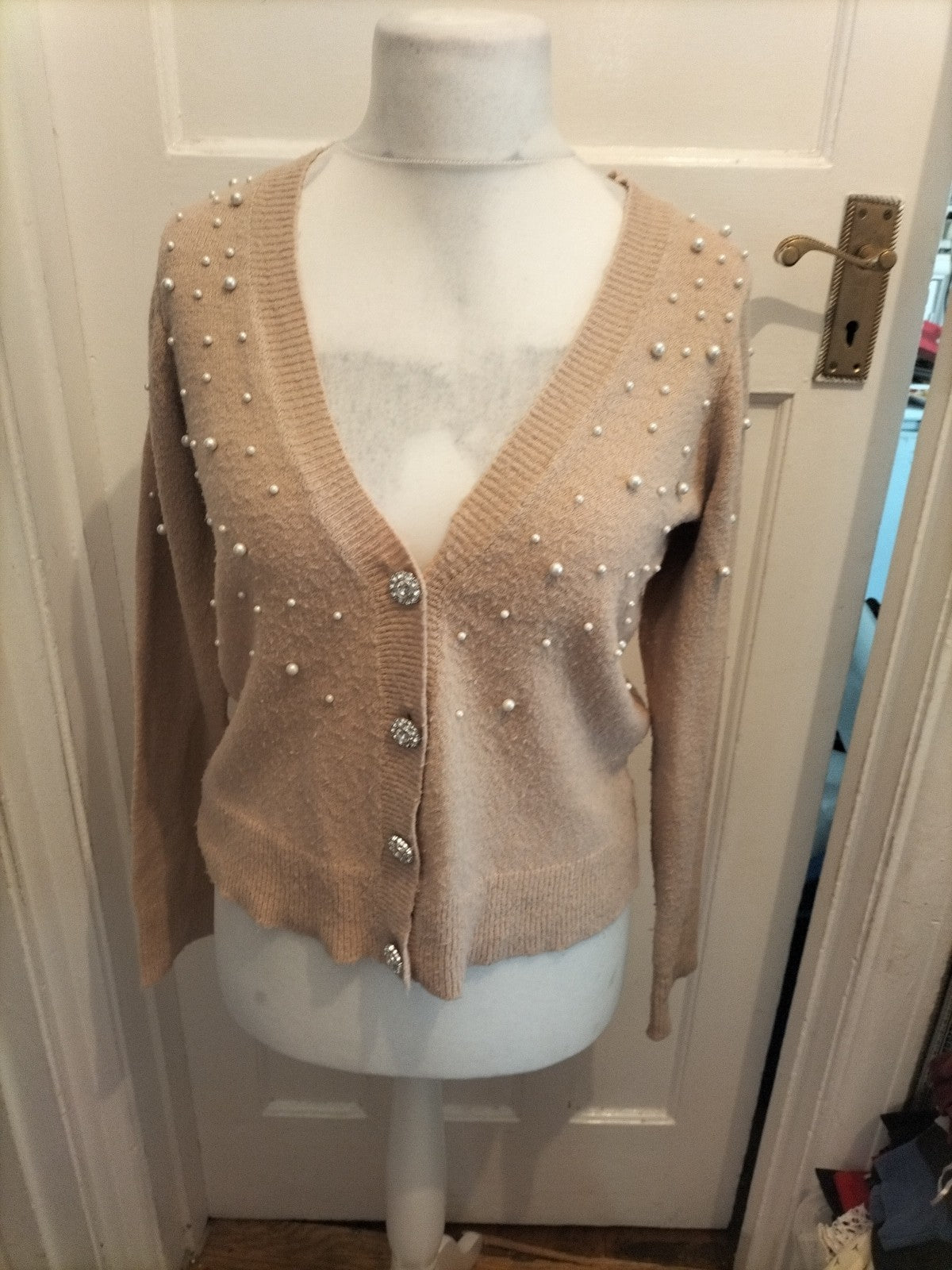 Brave Soul Medium Pale Browny Beige Pearl V Neck Cardigan