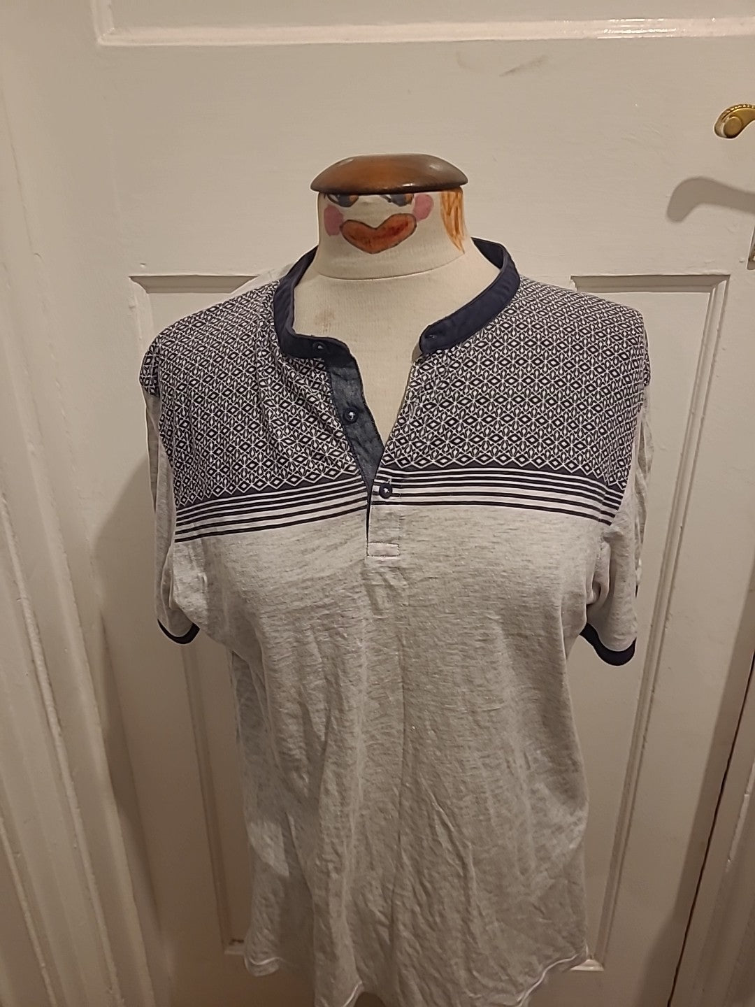 Mens River Island Size Medium Navy And Grey Short Sleeved Polo