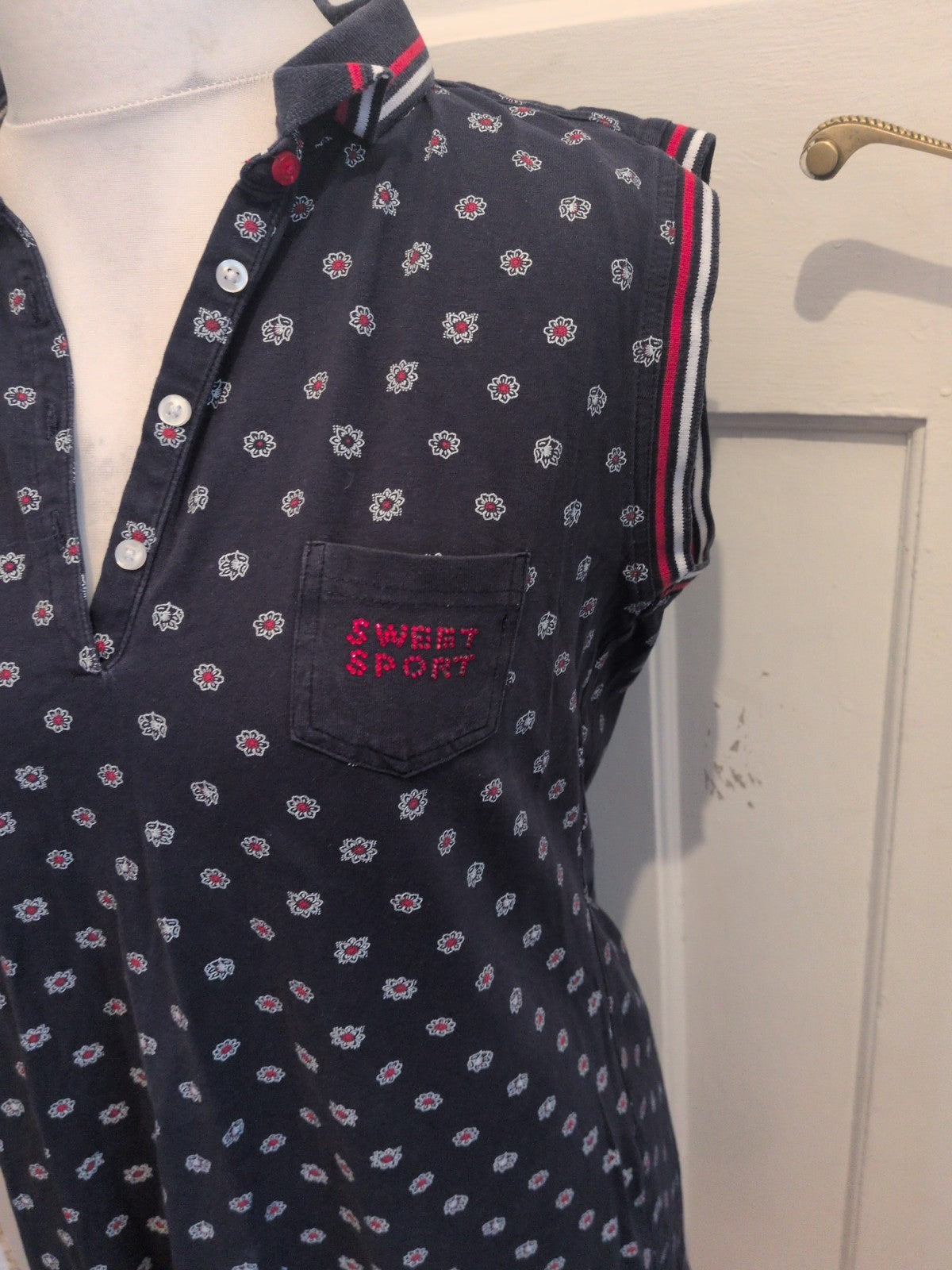 Sweet Delicate 2XL Navy Patterned Sleeveless Collared Polo Ladies