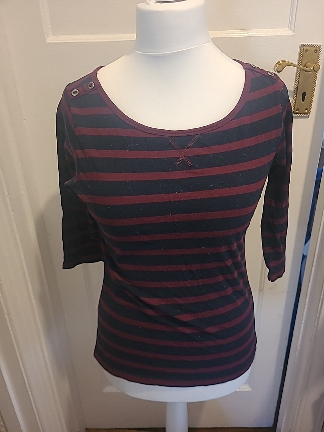 Ladies Papaya Size 14 Navy And Burgundy Striped Tshirt(Bobbling)