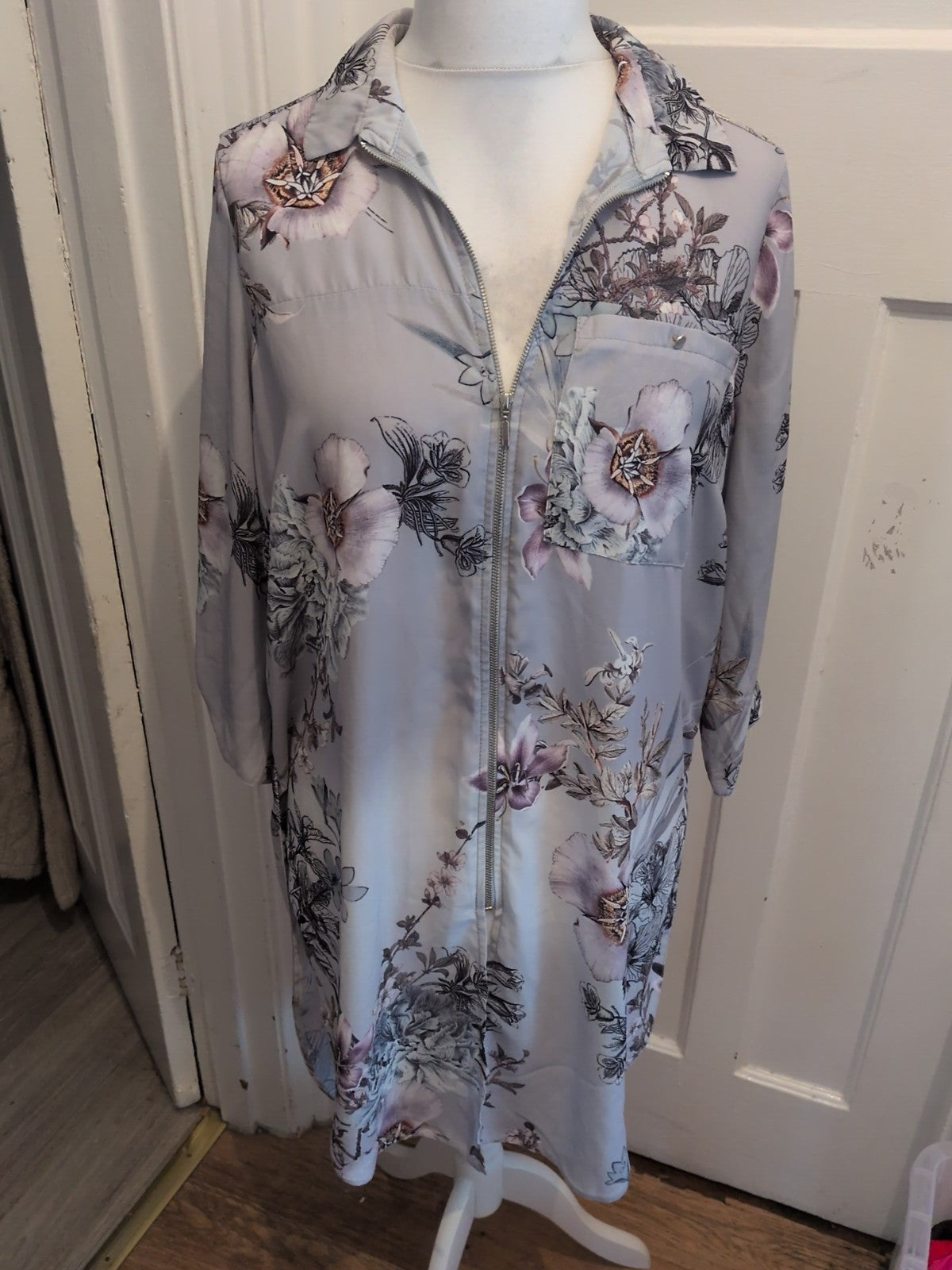 George 16 Grey Floral Long Sleeve Zipped Front Blouse
