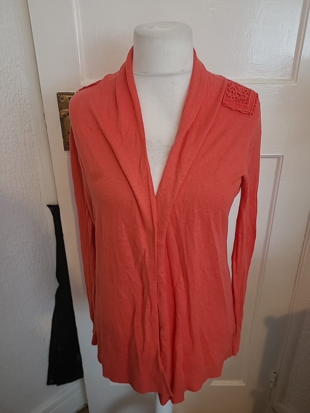Topshop 12 Coral With Lace Long Sleeved Open Blouse