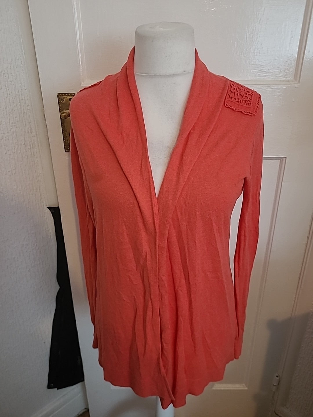 Topshop 12 Coral With Lace Long Sleeved Open Blouse