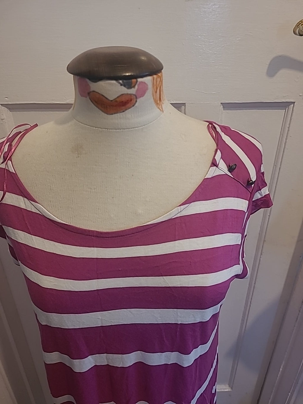 Ladies Marks And Spencer Size 14 Magenta White Striped Short Sleeved Dress