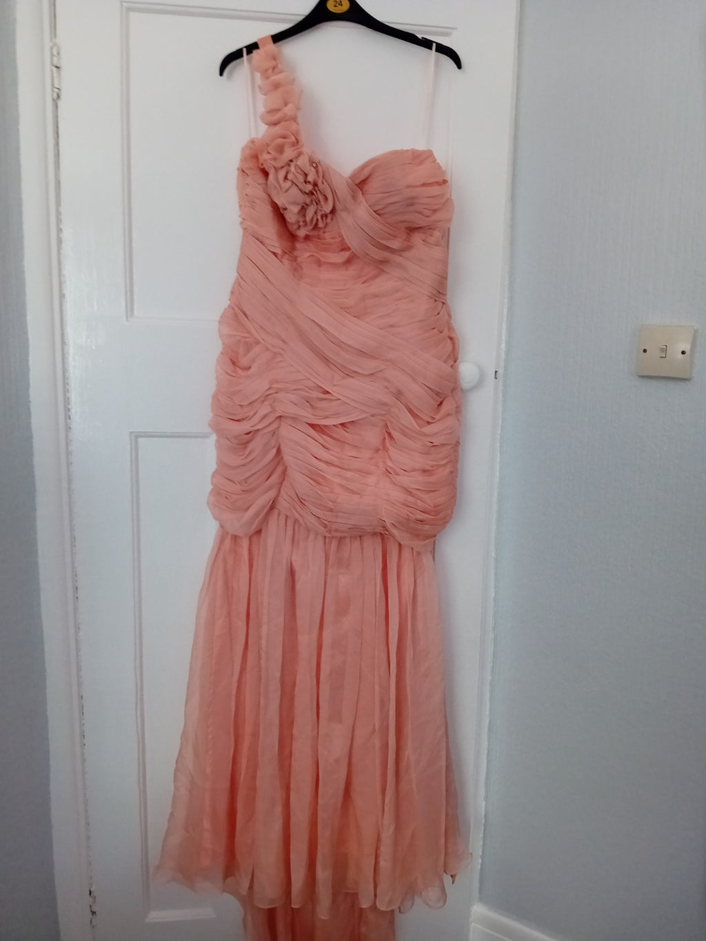 Ladies Peach Evening Dress Size 20 Ruched One Shoulder With A Train E-...