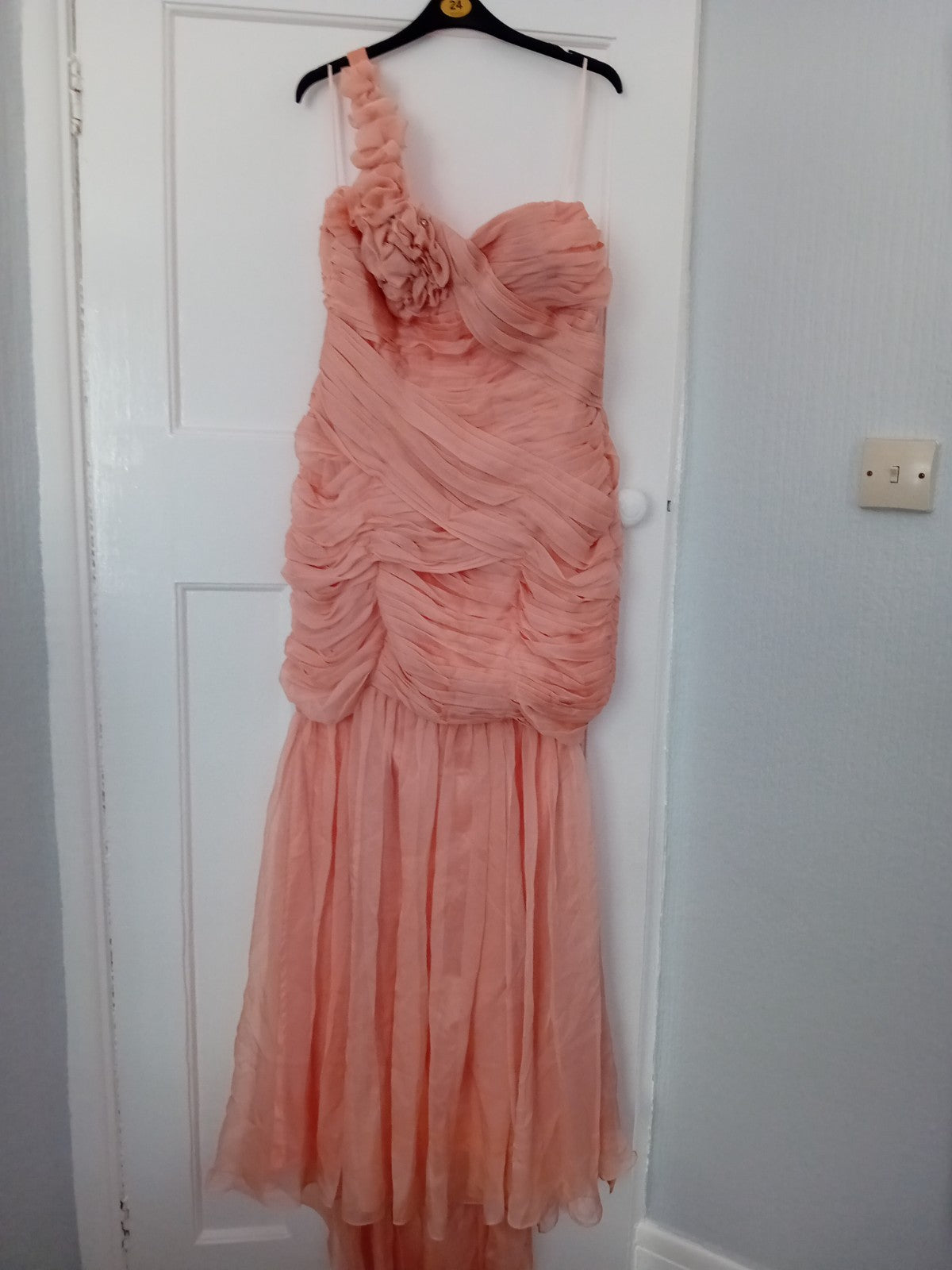 Ladies Peach Evening Dress Size 20 Ruched One Shoulder With A Train E-...