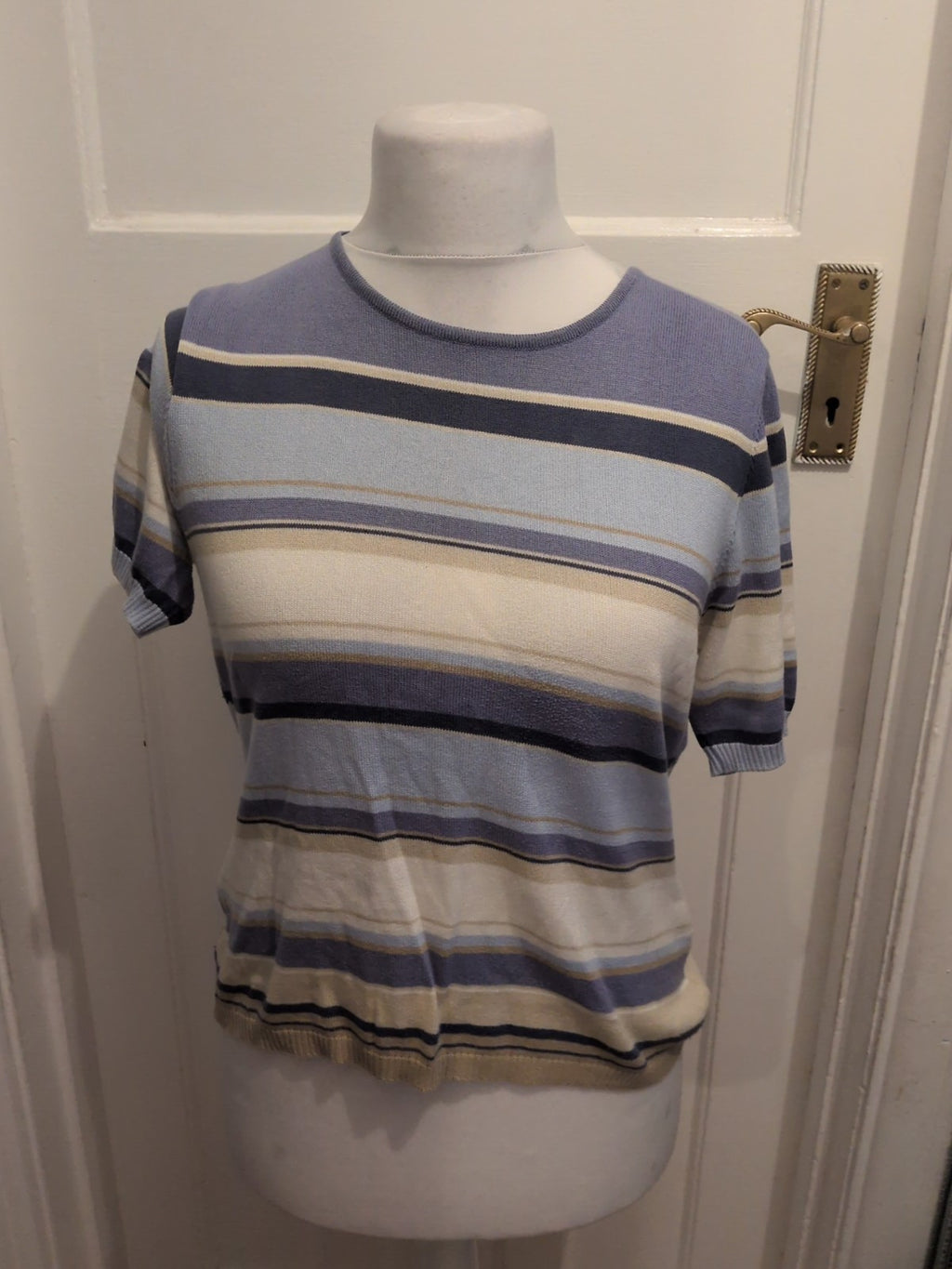 Jaeger 14 Blue White Brown Short Sleeve Blouse