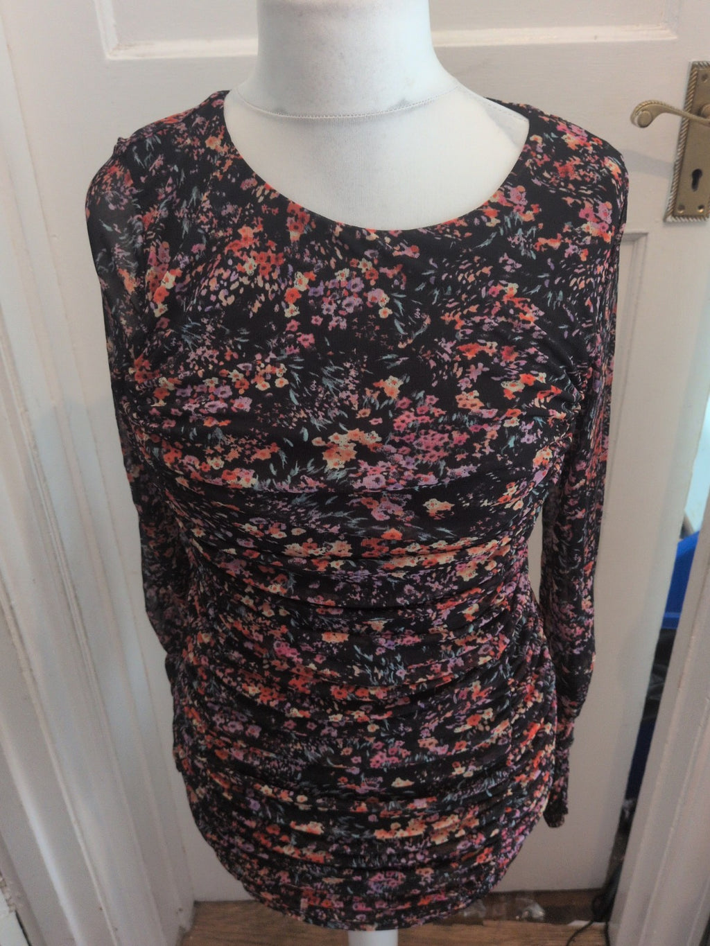 H&M Large Black Floral Long Sleeve Ruched Dress