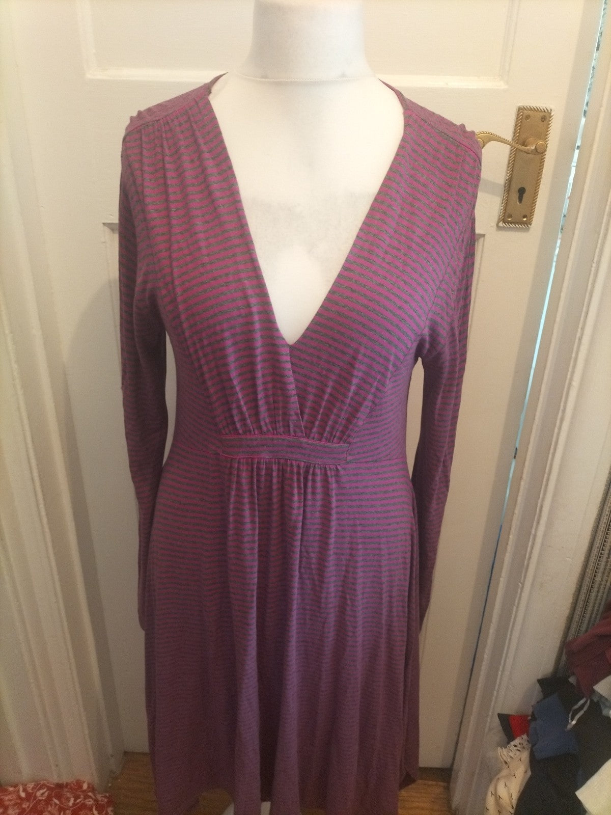 Large Purple Striped Long Sleeved Flare Dress V Neck