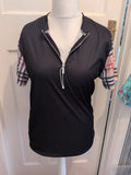 Duval Medium Black With Check Sleeve Semi Zip T-shirt