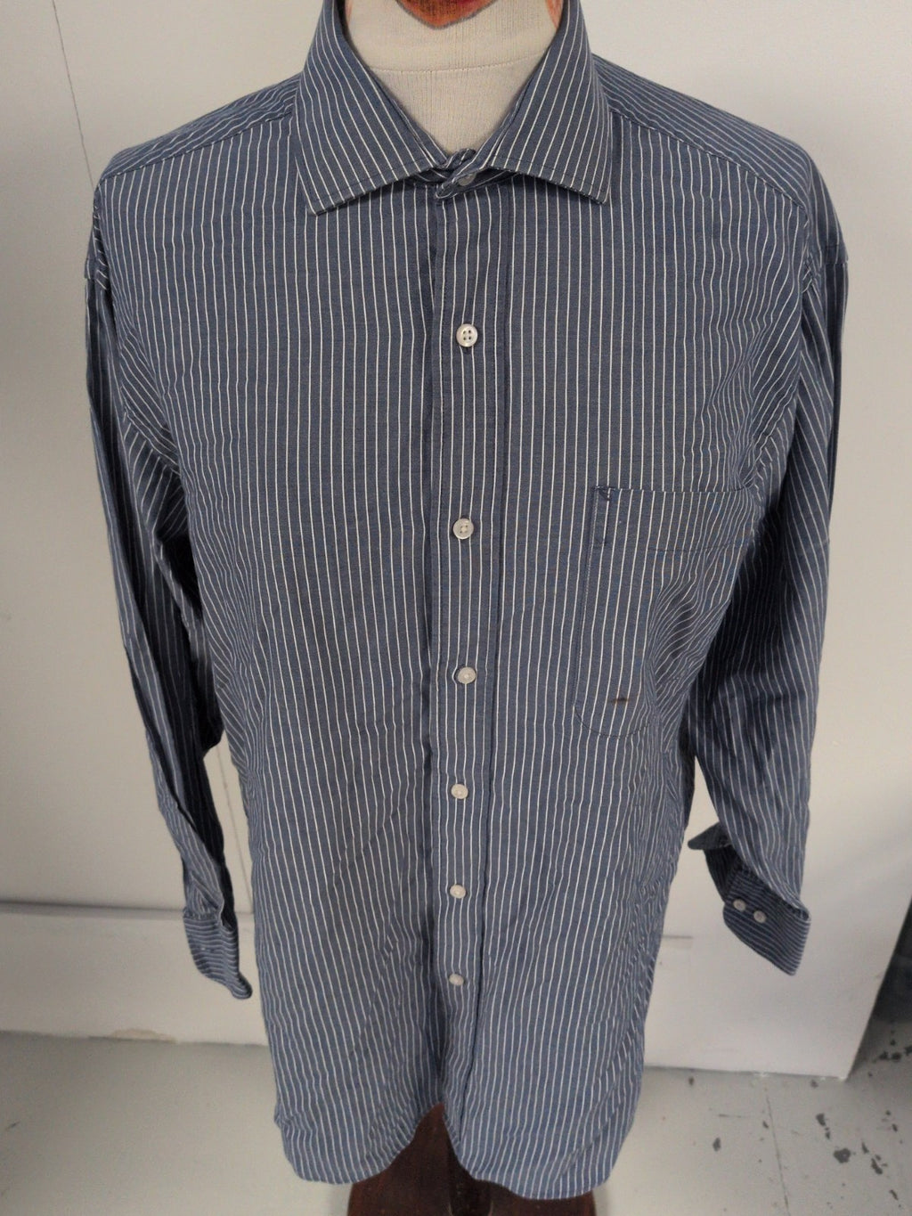 Tommy Hilfiger 16" Large Blue Stripe Long Sleeve Shirt Mark On Pocket