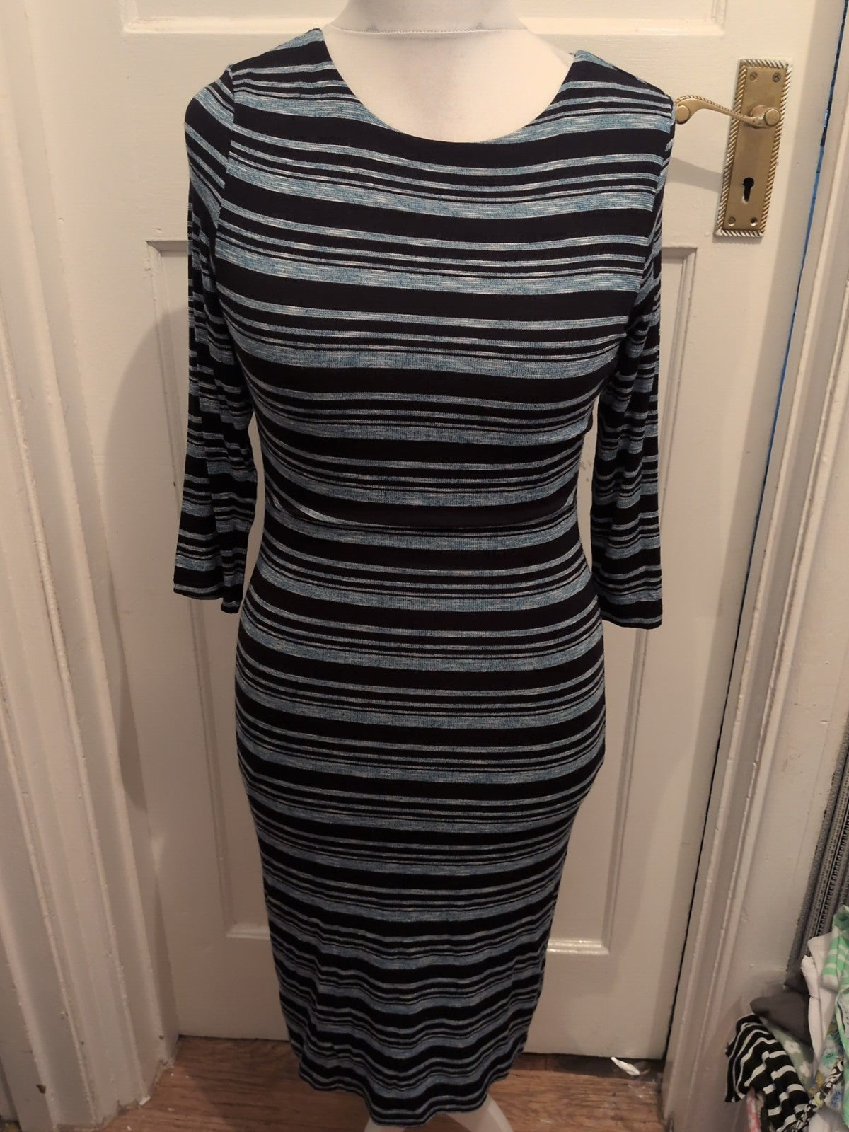 M&S Collection Aqua And Black Stripe 3/4 Sleeve Dress 10