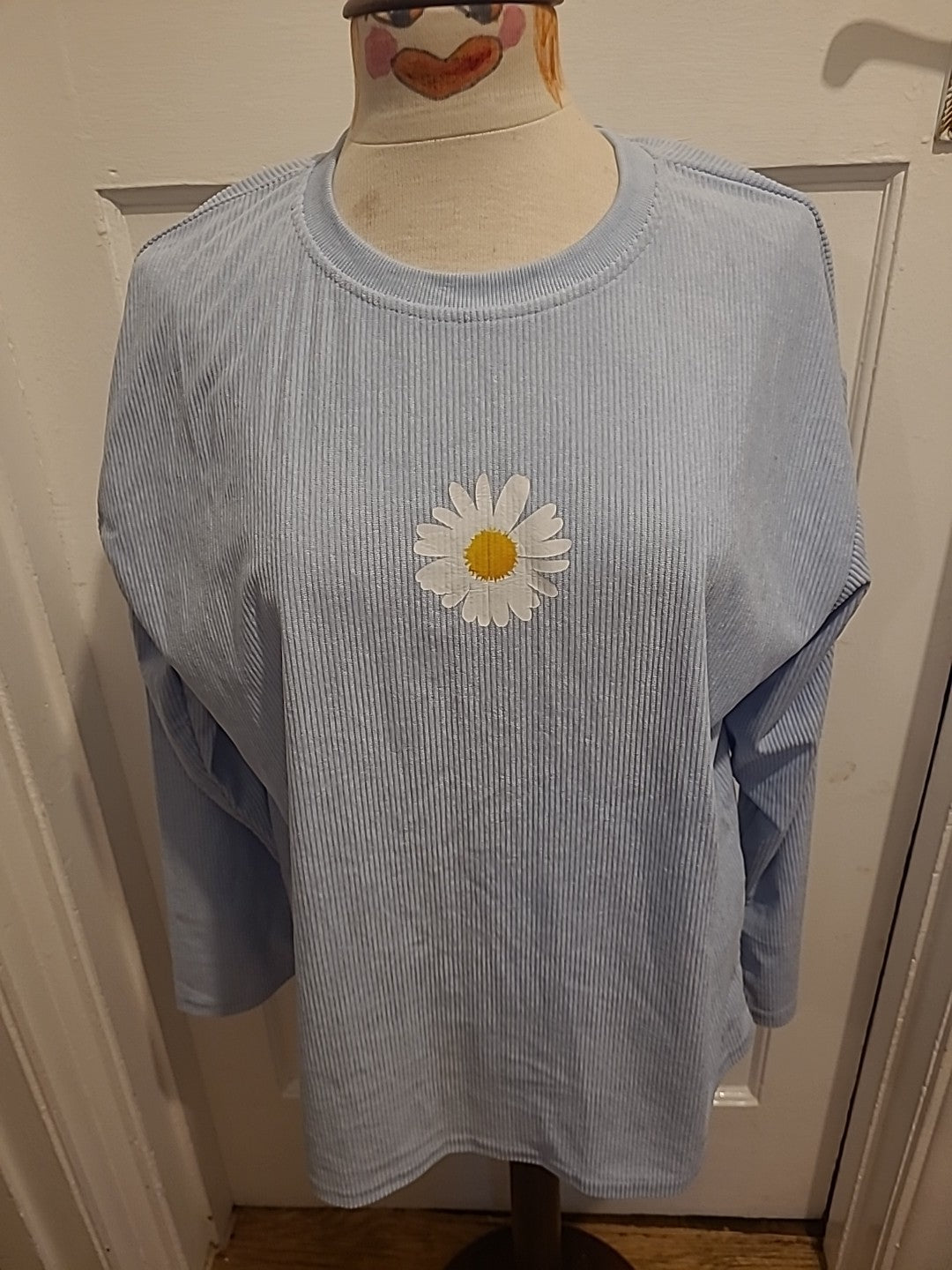 Ladies Shein Size Medium Blue Ribbed Flower Long Sleeved Jumper