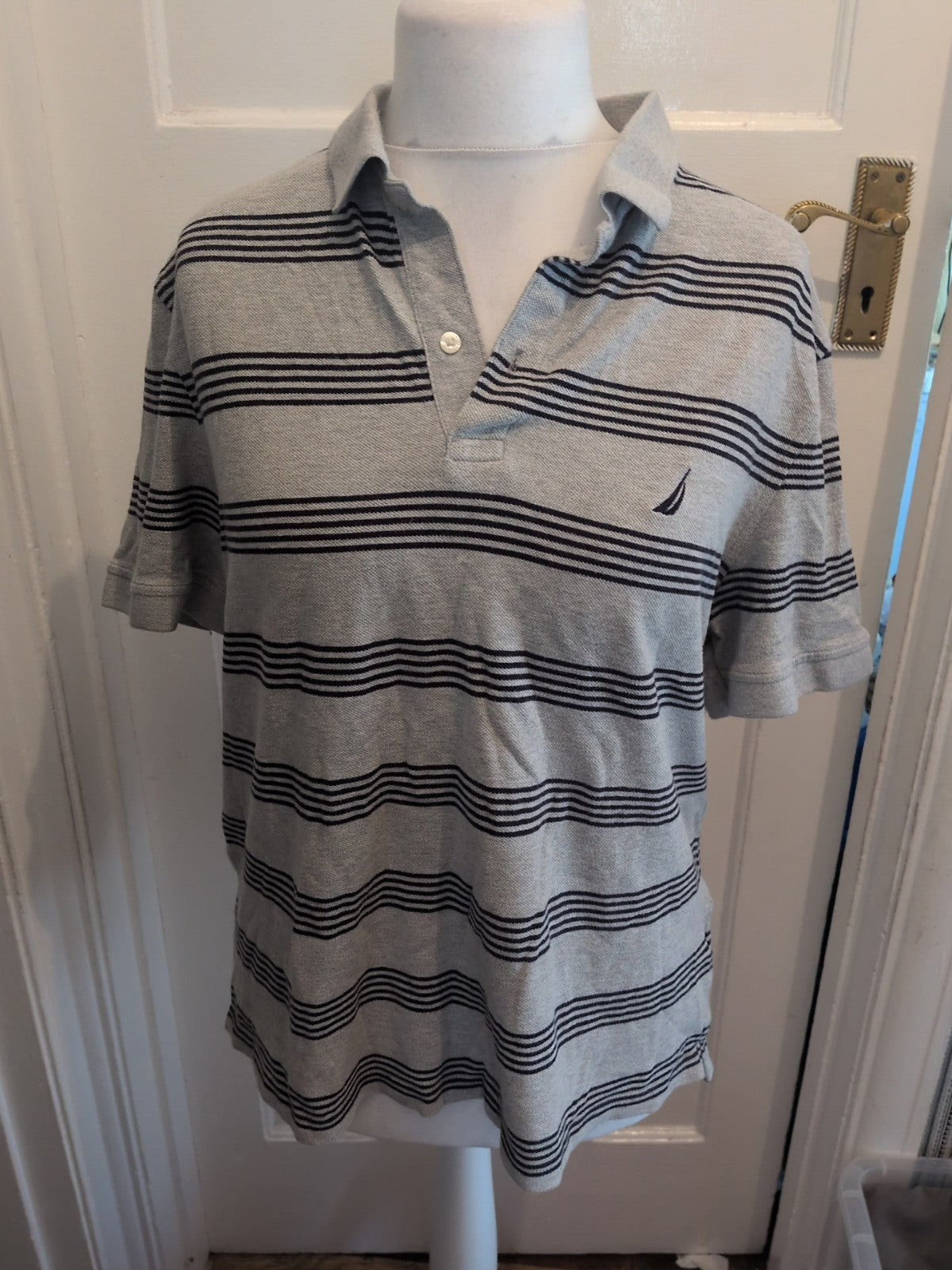 Nautica Large Grey And Navy Stripe Short Sleeve Polo