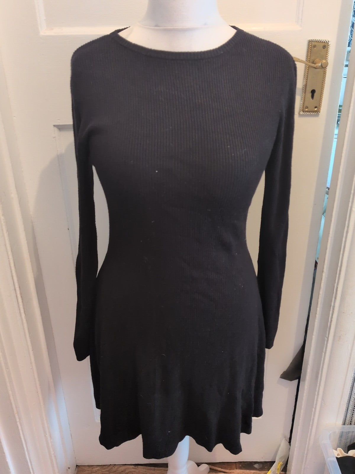 Ladies Primark Size 12-14 Black Ribbed Long Sleeved Flare Dress