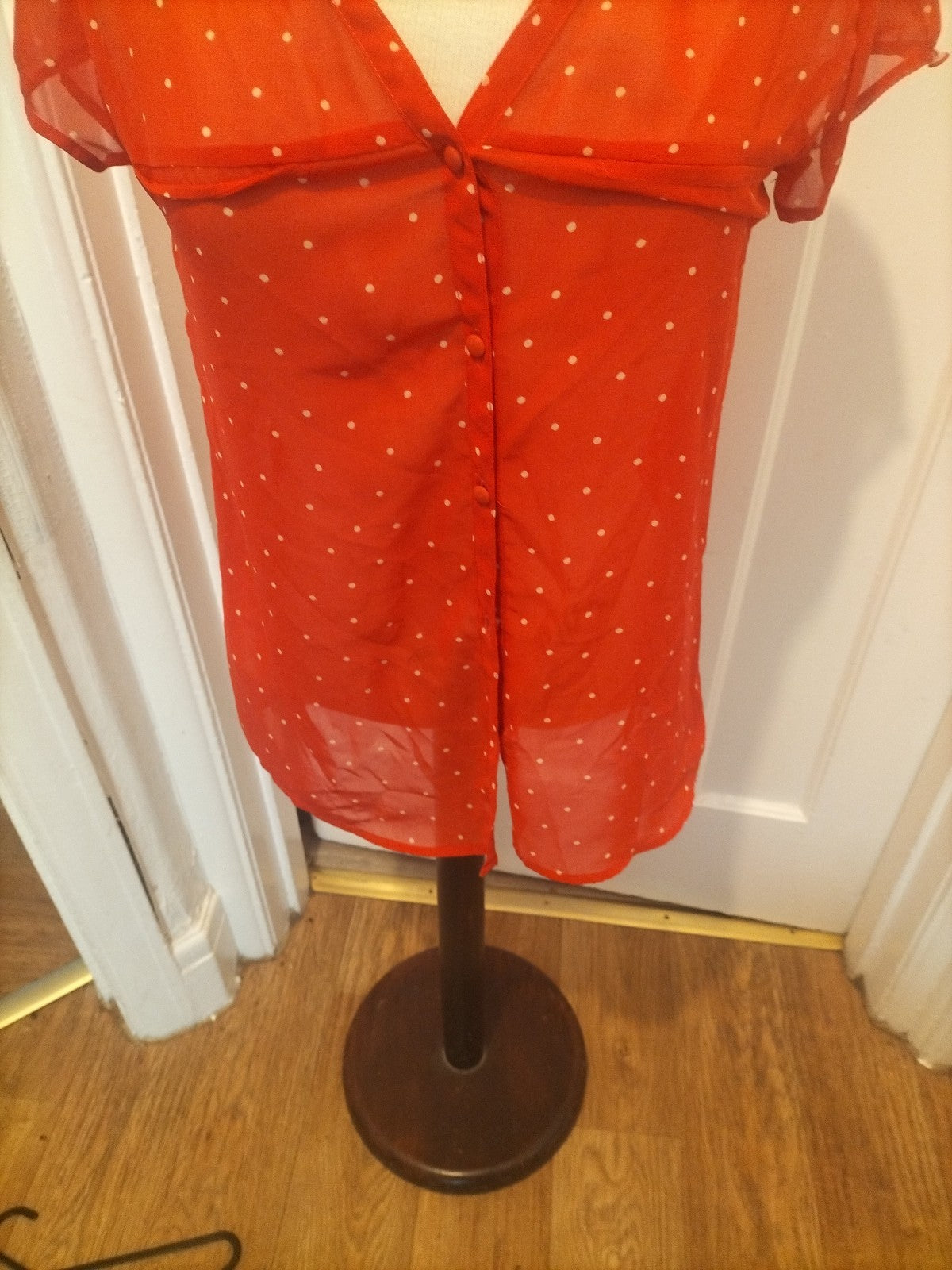 Ladies Zara Size Small Red/White Spotty See Through Short Sleeved Blouse