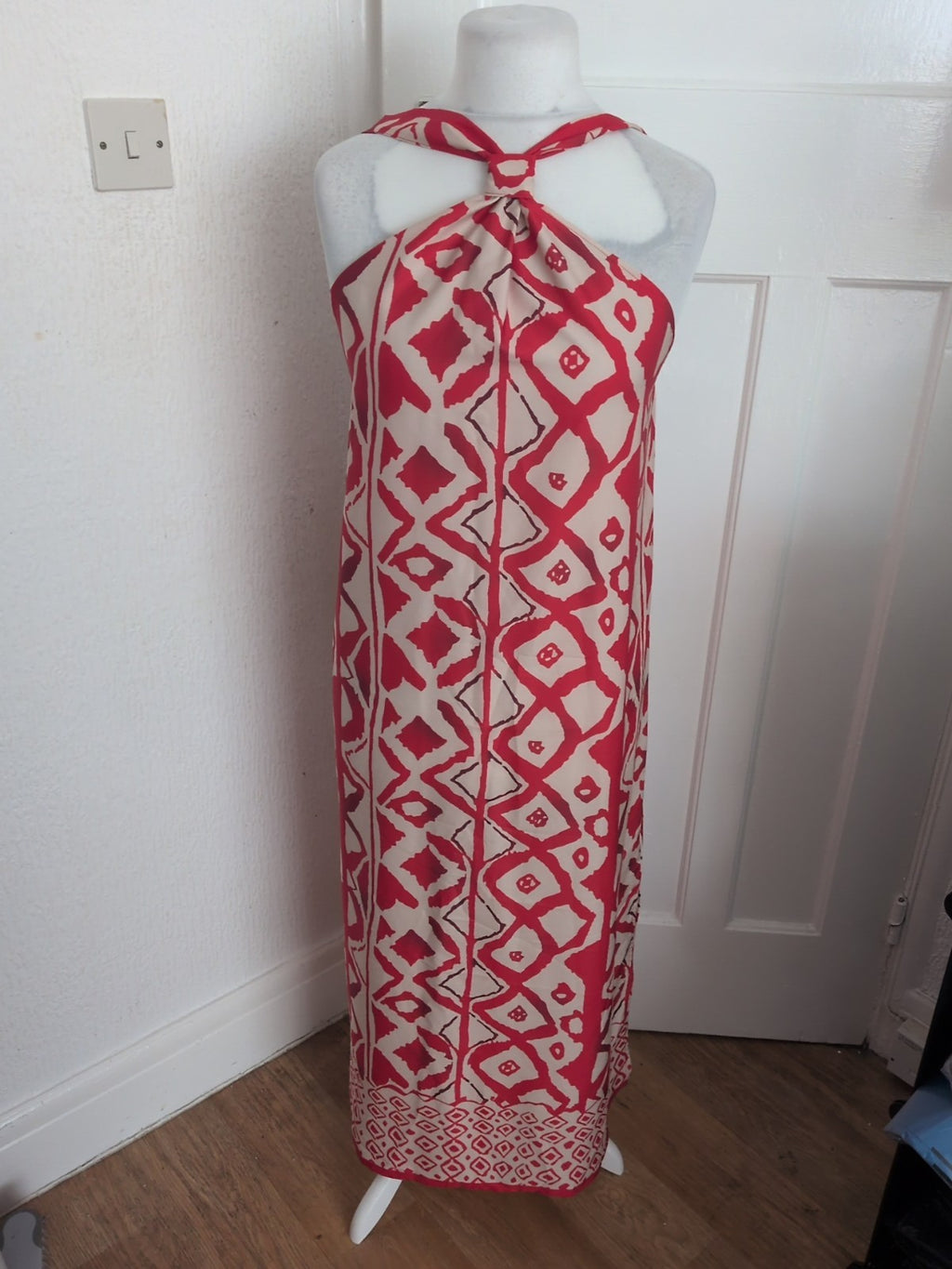 XL Pale Beige And Red Pattern Long Length Dress Sleeveless