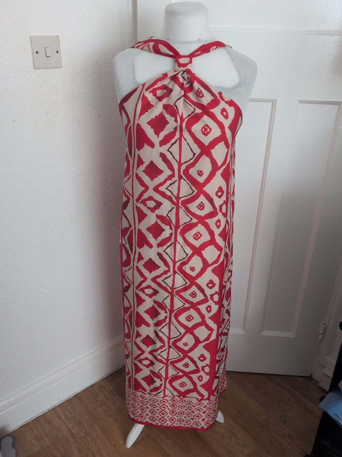 XL Pale Beige And Red Pattern Long Length Dress Sleeveless