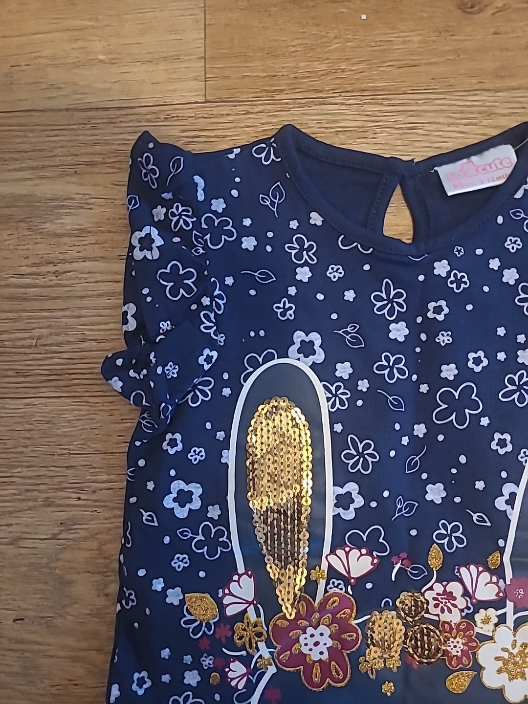 Girls So Cute 9-12 Months Navy Gold Sequin Tshirt
