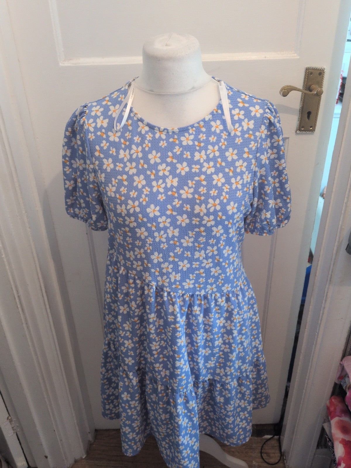 Primark 12/14 Blue And White Daisy Flower Fit And Flare Dress Short Sleeve