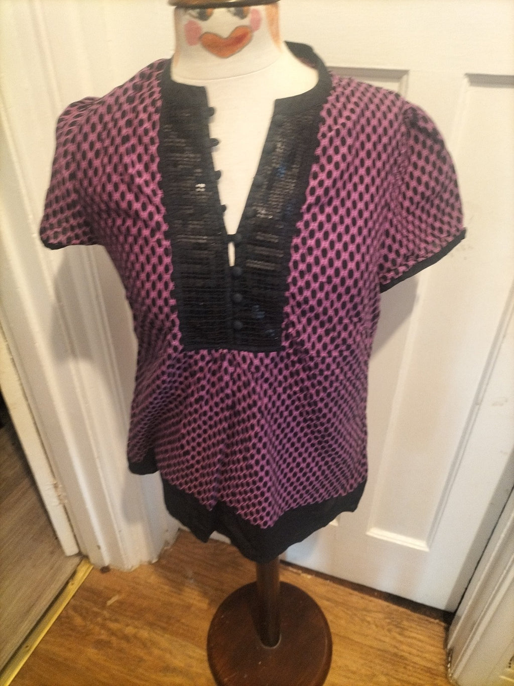 Ladies Monsoon Size 14 Purple And Black Short Sleeved Blouse
