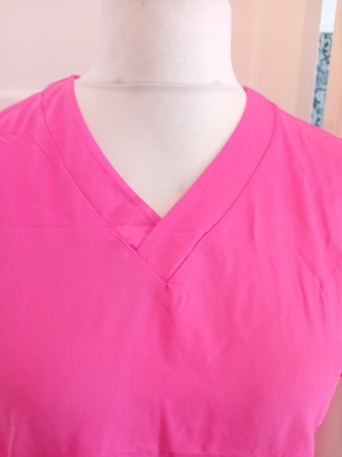 Large Bright Pink V Neck Short Sleeve Blouse